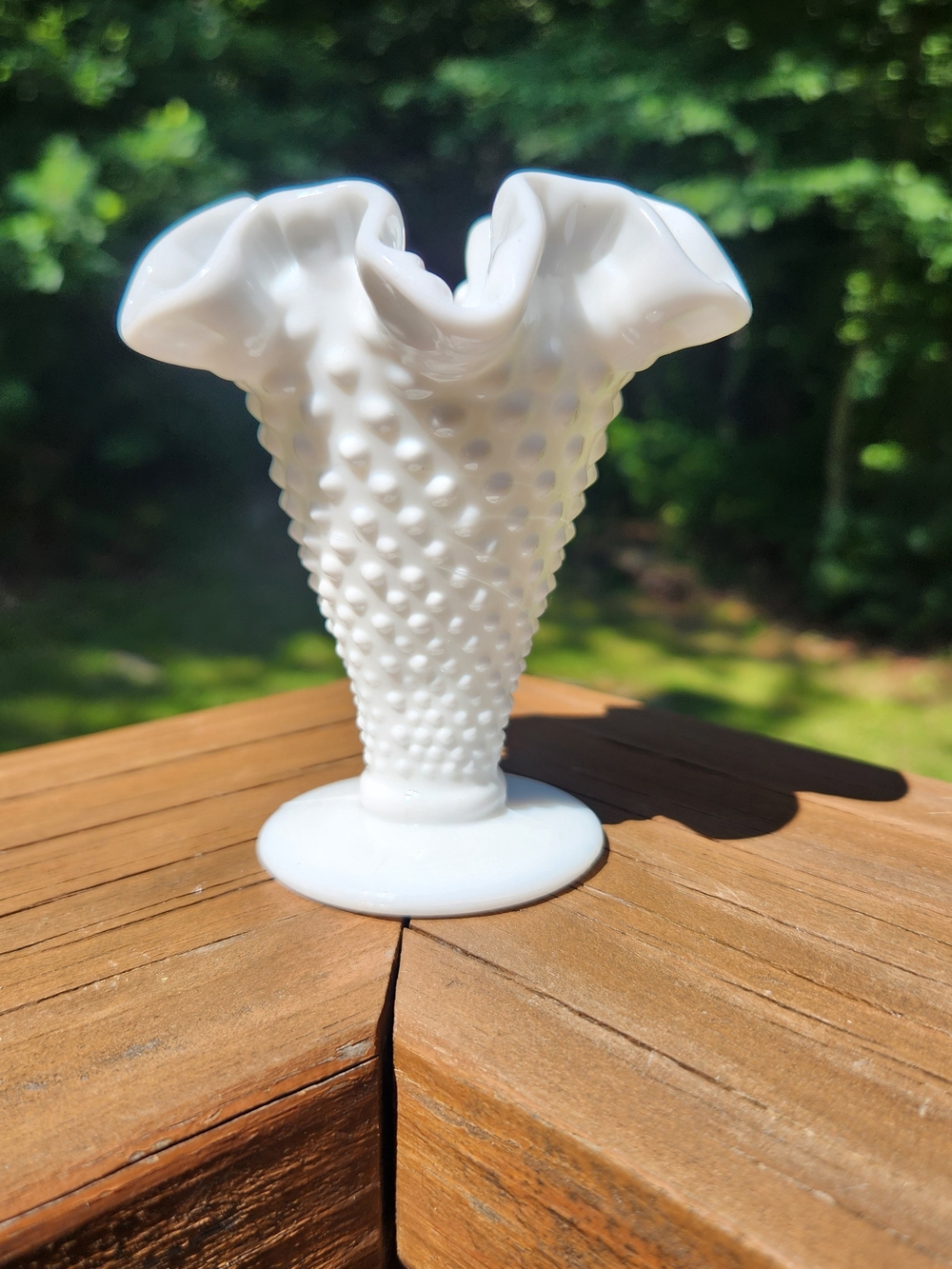Vintage Fenton White Milk Glass Hobnail Ruffled Mini Vase